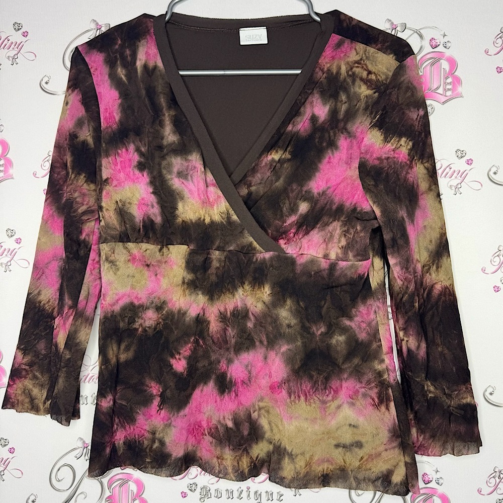 Suzy shier tie dye top brown cream pink stretchy mesh y2k comfy cute hippie luxe